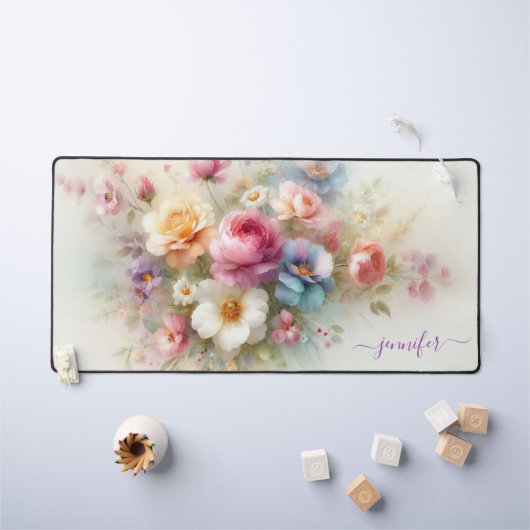 カスタムネーム テキスト 水彩画 花 デスクマット (キッズテーブル)