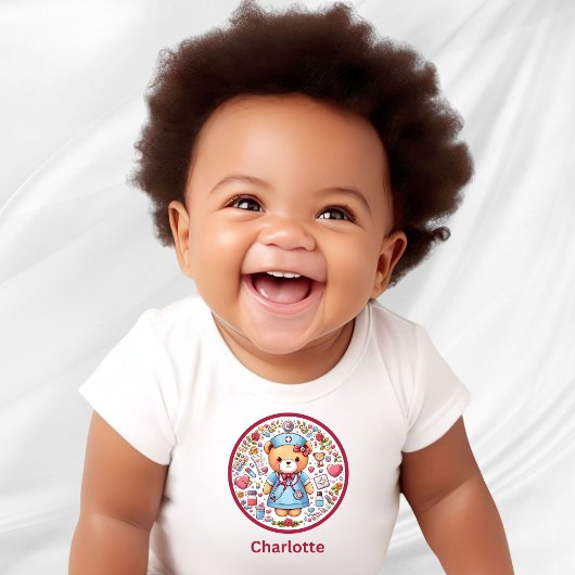 カスタムネーム ナース テディベア ベビーボディスーツ