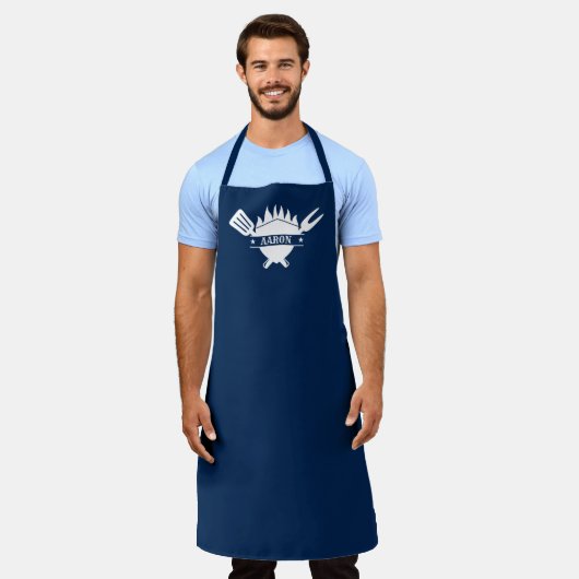 カスタムネーム ネイビーBBQグリル エプロン (着用した状態)