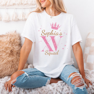 カスタムネーム ピンクグリッター Mis Quince Squad XV パーティー Tシャツ