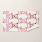 カスタムネーム ピンク テディベア 女の子の バスタオル セット (ハンドタオル)