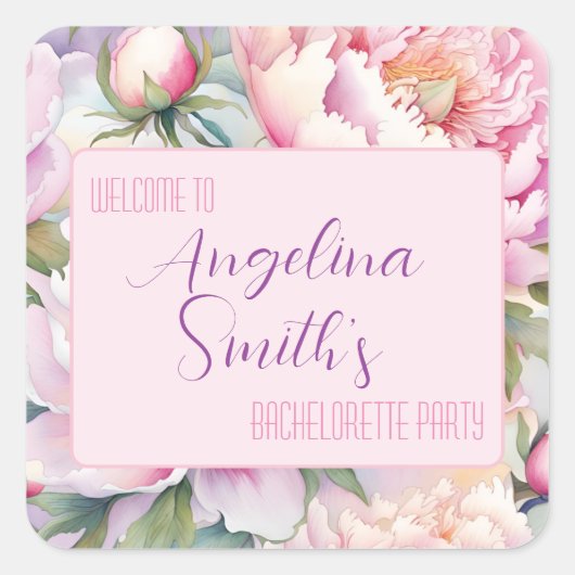 カスタムネーム ブラッシュ ピンク 牡丹 ブライズパーティー スクエアシール (正面)