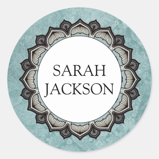 カスタムネーム モノグラム 青灰色 花びら ラウンドシール (正面)