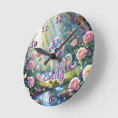 カスタムネーム ユニコーン 壁掛け時計 – ピンクのバラの森 ラウンド壁時計 (傾斜)