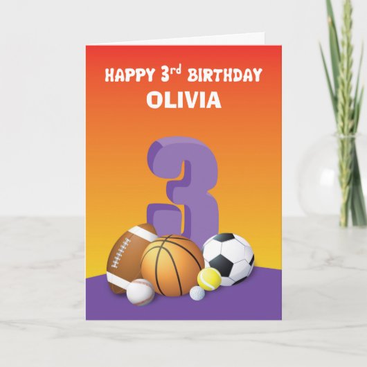 カスタムネーム 女子 3歳の誕生日 スポーツボール カード (正面)