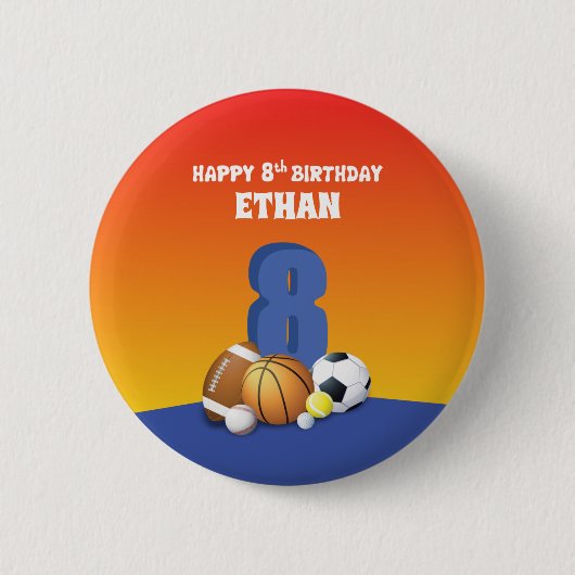 カスタムネーム 少年 8歳の誕生日 スポーツボール 缶バッジ (正面)