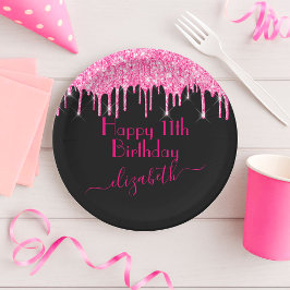カスタムネーム + 年齢 ホットピンク ドリッピング グリッター ブラック ペーパープレート