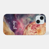 カスタムネーム 水彩画 宇宙の銀河と月 iPhone 15ケース (裏面横)