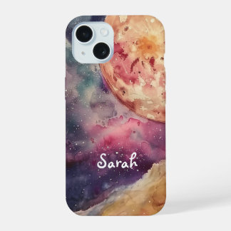 カスタムネーム 水彩画 宇宙の銀河と月 iPhone 15ケース