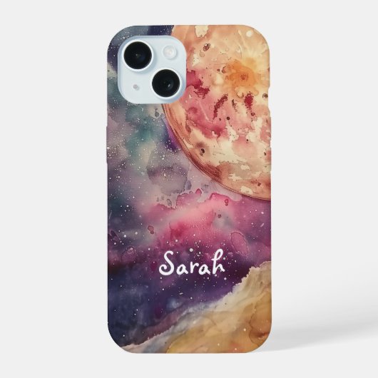 カスタムネーム 水彩画 宇宙の銀河と月 iPhone 15ケース (裏面)