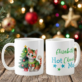 カスタムネーム 猫 緑 青 ホットチョコレート コーヒーマグカップ