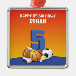カスタムネーム 男の子 5歳の誕生日 スポーツボール メタルオーナメント