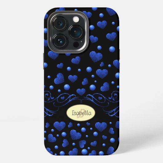 カスタムネーム、青いハートのラメ模様 iPhoneケース (裏面)