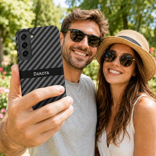 カスタムネーム 黒とグレー テクスチャード対角ストライプ SAMSUNG GALAXYケース