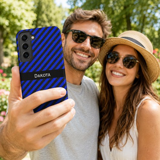 カスタムネーム 黒と青のテクスチャード対角ストライプ SAMSUNG GALAXYケース
