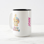 カスタムネーム 4歳の誕生日 かわいいライオン ツートーンマグカップ (正面左)