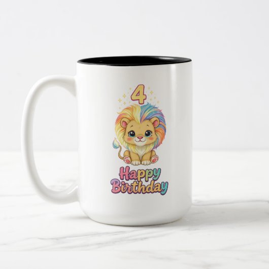 カスタムネーム 4歳の誕生日 かわいいライオン ツートーンマグカップ (左)