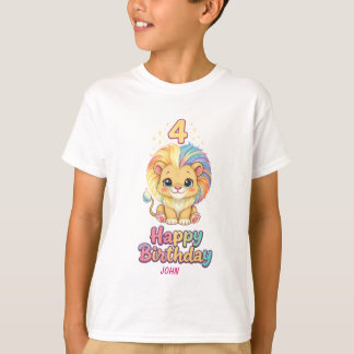 カスタムネーム 4歳の誕生日 かわいいライオン Tシャツ