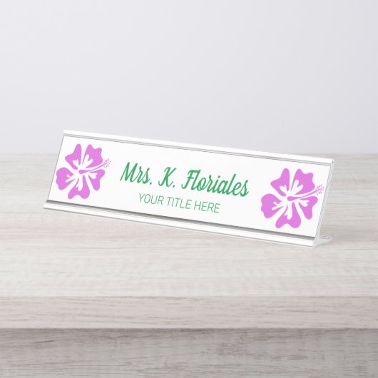 カスタムハイビスカスフラワーロゴ付きデスク名プレート デスクネームプレート (正面)