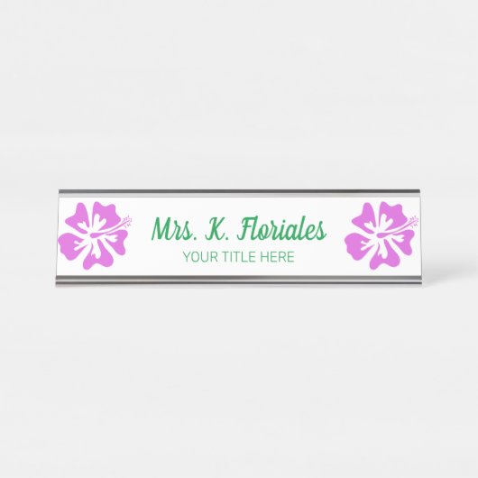 カスタムハイビスカスフラワーロゴ付きデスク名プレート デスクネームプレート (正面)