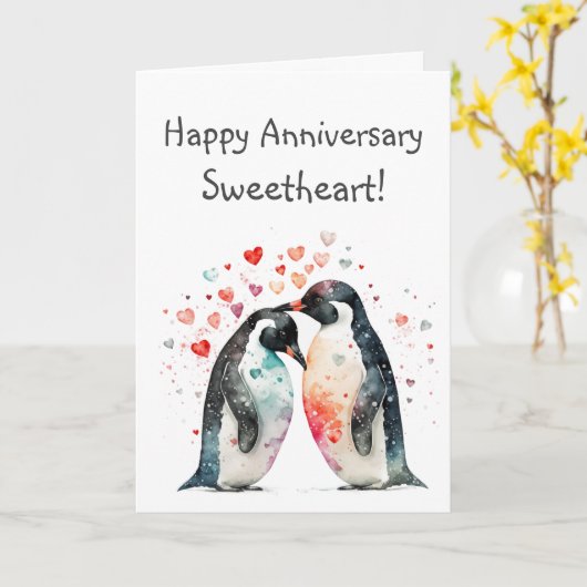 カスタムハッピーアニバーサリースウィートキュートペンギン カード (黄色い花)