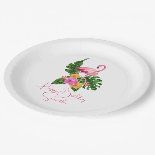 カスタムハッピーバースデーパーティトロピカルフラミンゴ ペーパープレート (アングル)