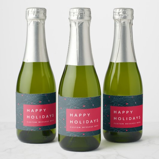 カスタムハッピーホリデイズスプルースモダンベリーレッド スパークリングワインラベル (ボトル)