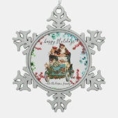 カスタムハッピーホリデーズシック素朴ヴィンテージエフェメラ スノーフレークピューターオーナメント (正面)