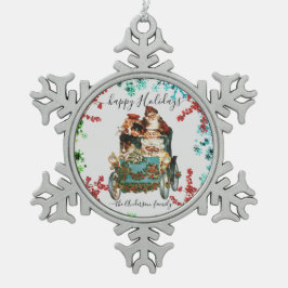 カスタムハッピーホリデーズシック素朴ヴィンテージエフェメラ スノーフレークピューターオーナメント