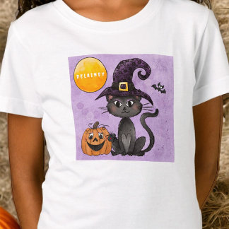 カスタムハロウィーンブラックキャットパンプキン Tシャツ