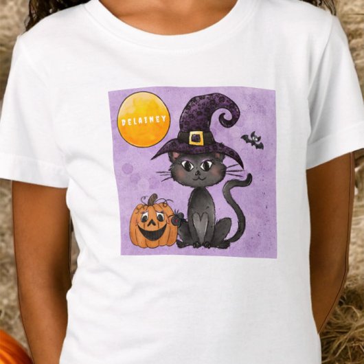 カスタムハロウィーンブラックキャットパンプキン Tシャツ
