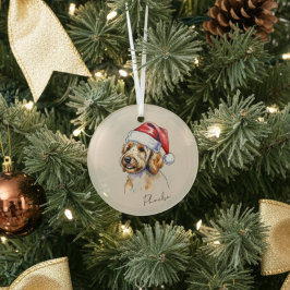 カスタムハンドドロードゴールデンドードルポートレートと名前 ガラスオーナメント