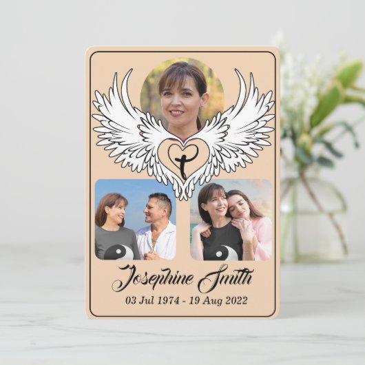 カスタムハートウィング3写真葬儀招待状 シーズンカード (スタンド正面)