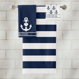 カスタムハート航海のいかりネイビーホワイトストライプ バスタオルセット