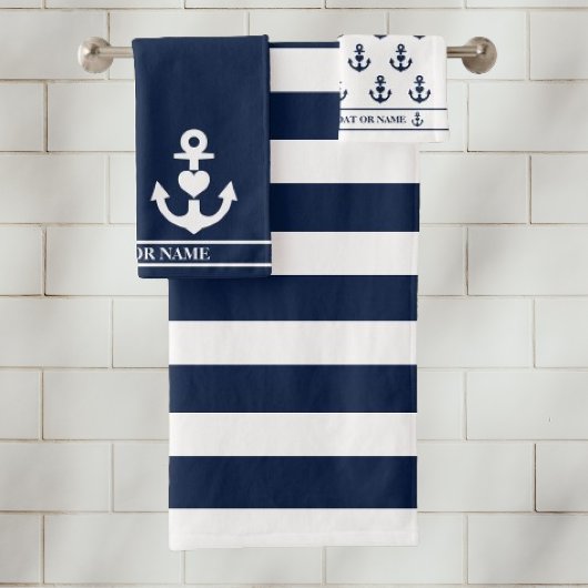 カスタムハート航海のいかりネイビーホワイトストライプ バスタオルセット