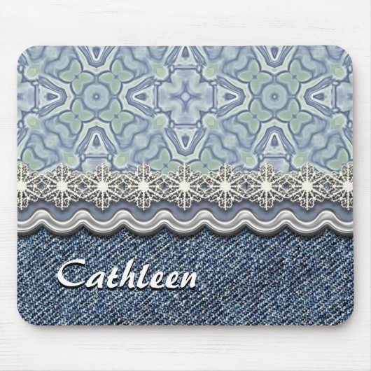 カスタムバイオレットミントろうけつ染めモザイクフローラルパターン マウスパッド (正面)