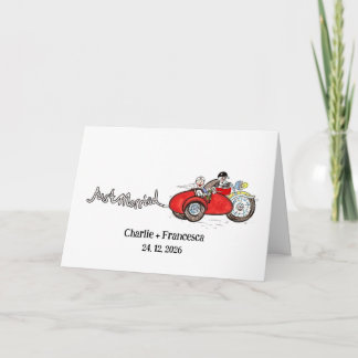 カスタムバイクとサイドカーの花婿花嫁の結婚式 カード