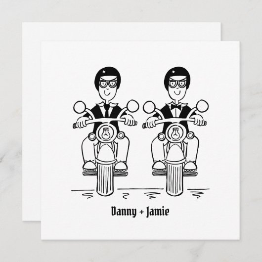 カスタムバイクもしくは自転車に乗る人ツールームズオートバイ結婚ズ 招待状 (正面/裏面)