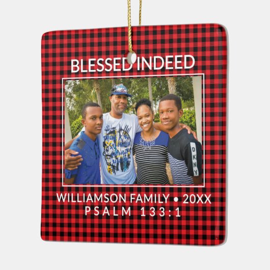 カスタムバッファロープレイドファミリークリスチャンクリスマス セラミックオーナメント (左)
