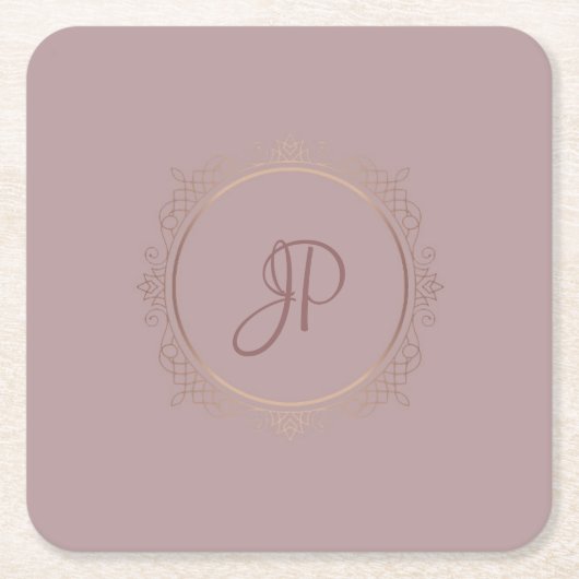 カスタムバラエレガント金ゴールドモノグラムテンプレート スクエアペーパーコースター (正面)