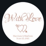 カスタムバラハート結婚のギフトメッセージカードシール ラウンドシール<br><div class="desc">ハートカスタム文字、愛の結婚メッセージカードのステッカーと白と名前のバラの金ゴールドとフェイク</div>