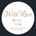カスタムバラハート結婚のギフトメッセージカードシール ラウンドシール<br><div class="desc">ハートカスタム文字、愛の結婚メッセージカードのステッカーと白と名前のバラの金ゴールドとフェイク</div>