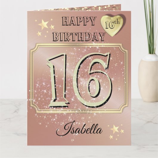 カスタムバラパーソナライズされた金ゴールド16番目の誕生日カード カード (正面)