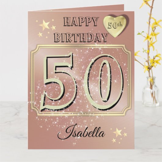 カスタムバラパーソナライズされた金ゴールド50番目の誕生日カード カード (黄色い花)