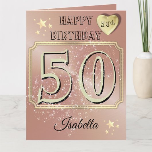 カスタムバラパーソナライズされた金ゴールド50番目の誕生日カード カード (正面)