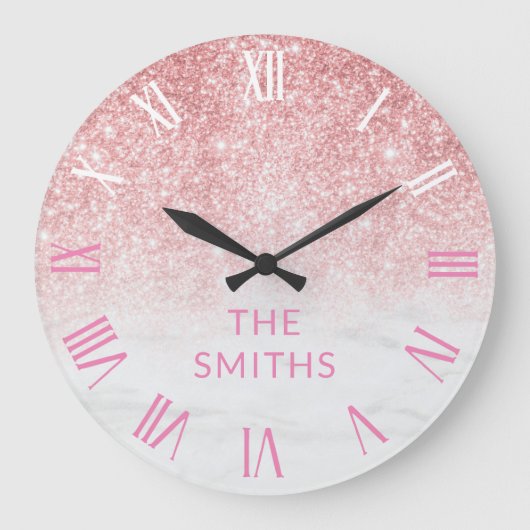 カスタムバラ金ゴールドグリッターと大理石 ラージ壁時計 (正面)