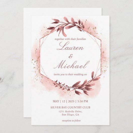 カスタムバラ金ゴールド幾何学的フローラフレーム結婚ズ 招待状 (正面/裏面)