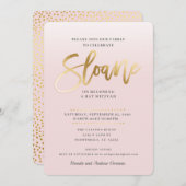 カスタムバルミツワー招待状ピ淡い色のンク金ゴールドスローン 招待状 (正面/裏面)