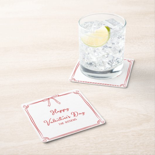 カスタムバレンタインデーパーティーかわいいレッドボウハート スクエアペーパーコースター (インサイチュ)