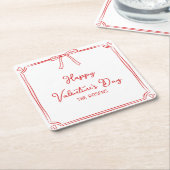 カスタムバレンタインデーパーティーかわいいレッドボウハート スクエアペーパーコースター (アングル)